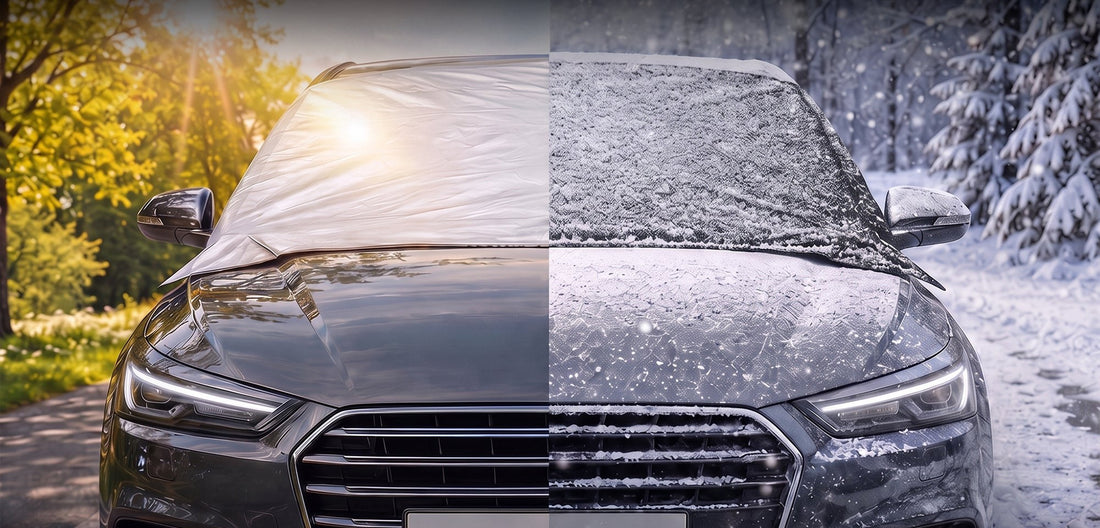 The same car shown with the cover silver side out in sun and black side out in snow