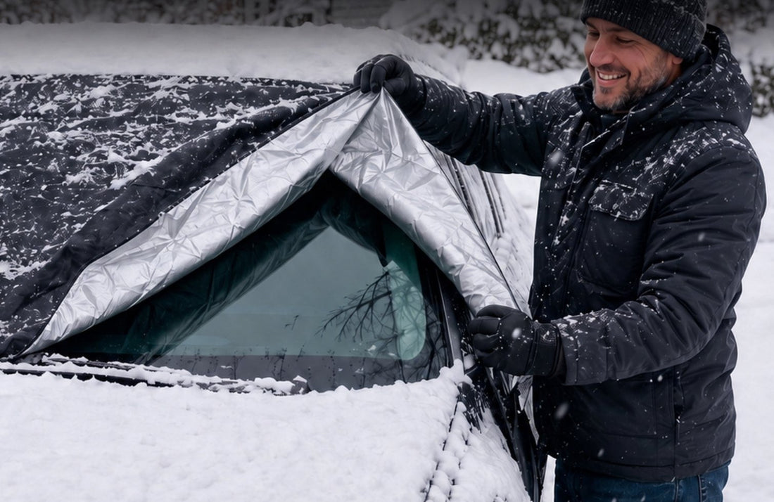 A person lifting the snow-covered Weatherforce 365 cover off a windshield, black side out