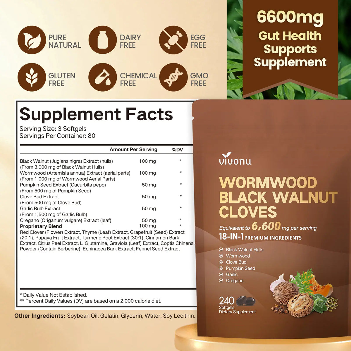 VIVONU Wormwood Black Walnut Cloves Capsules