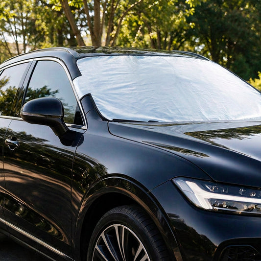 Weatherforce 365 cover fitted silver side out over the windshield of a parked car